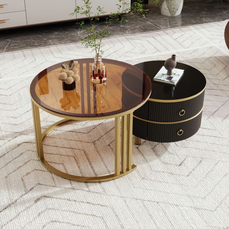 Tavolino rotondo sovrapponibile 2 in 1 con piano bianco e piano in vetro temperato marrone, 2 cassetti, nero e oro (1/5)