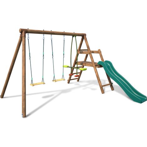 Portique en bois rond 3 agrès avec face à face et toboggan bas FIGUE (1/5)