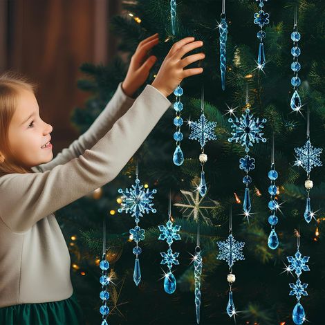 Suspension de Noël bleu clair en acrylique, 18 pièces de flocons de neige et glaçons, décoration de sapin, pendentif de Noël à accrocher (1/4)