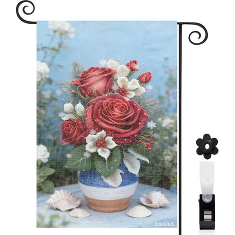 Drapeau de jardin Welcome et roses rouges avec gouttes 30 x 45 cm décoration saisonnière jardin (1/5)