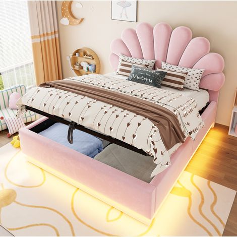 Lit coffre 140x200 cm, rangement hydraulique, tête de lit fleurie, LED, en velours, rose (1/5)