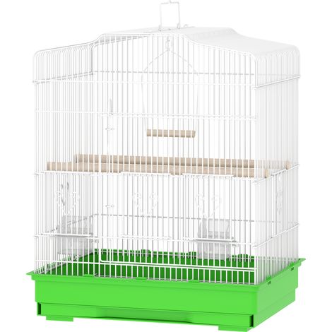 Cage à oiseaux en acier avec 2 mangeoires, 2 perchoirs, balançoire, plateau amovible et poignée, 46,5 x 36 x 59 cm, verte (1/5)