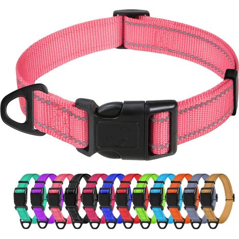 Collier classique en nylon réfléchissant, ajustable, avec boucle individuelle pour attacher facilement la médaille et la laisse. Rose, taille L (largeur 2,5 cm, tour de cou 40-65 cm). (1/5)