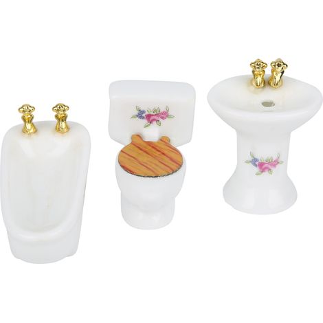 Ensemble de salle de bain miniature pour maison de poupée à l'échelle 1/24, baignoire, toilettes et lavabo en céramique, kit Rose (1/5)