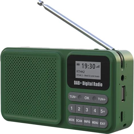 (Vert) Radio numérique DAB+ portable, compatible Bluetooth, chargement solaire, prend en charge les clés USB, les cartes TF, les lecteurs MP3, avec écran LCD. (1/5)