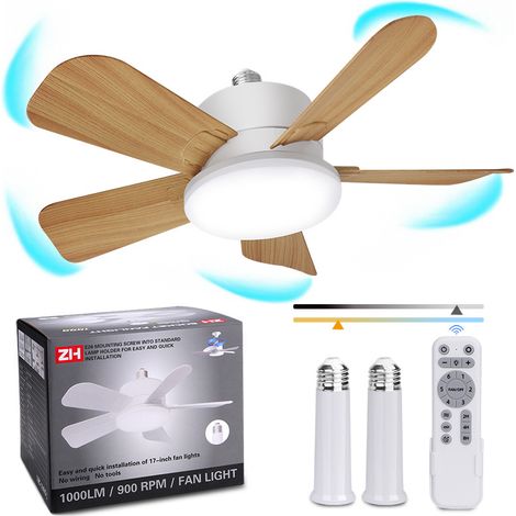 Ventilatore a presa con telecomando, 3 colori 3000K-6500K, lampadina LED dimmerabile per attacco E26/E27, piccolo ventilatore da soffitto con prolunga per presa, piccolo ventilatore da soffitto avvita