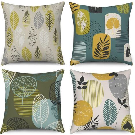Set mit 4 dekorativen Leinenkissenbezügen für Sofa und Auto - Abstraktes Baum- und Blättermuster - 45,7 x 45,7 cm (Kissen nicht enthalten) (1/4)