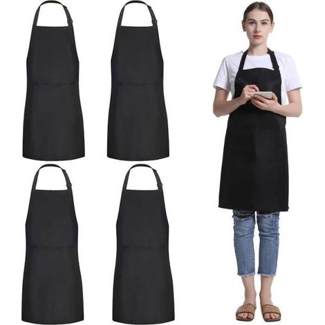 Lot de 4 Tabliers Noirs Imperméables et Réglables avec 2 Poches pour Cuisine et Jardinage (1/4)