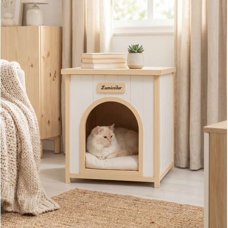 Caseta interior para perro y gato con cojín extraíble, montaje fácil, madera blanca crema (1/5)