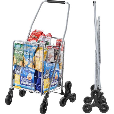 Chariot de Courses Pliable, 45 L, Chariot Monte Escalier d'Épicerie avec Roues à Pivotantes 360°, Chariot Utilitaire Léger, pour Shopping, Bureau, Déménagement, Transport, Extérieur, Argent (1/5)