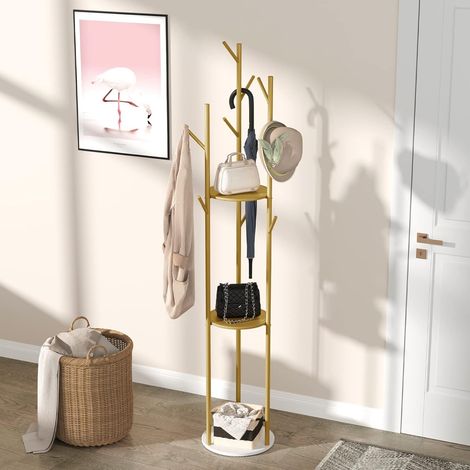 Garderobenständer Luxus Kleiderständer mit Marmor Boden, 3 Ablagen und 9 Kleiderhaken, Standgarderobe Gold Metall Garderobe 172cm