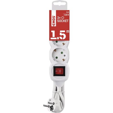 EMOS - Ciabatta elettrica a 3 prese da 1,5 m con interruttore - 3 prese Schuko ruotate 45° - 250 V, 16 A, 3680 W - Isolamento in PVC - H05VV-F3G 1,5 mm2 - Maggiore protezione da contatto - IP20 per (1/5)