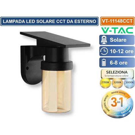 V-TAC VT-11148CCT LAMPADA LED SOLARE 0.9W DA PARETE CON TELECOMANDO CCT PER SELEZIONE LUCE 2700K/3200K/500K NERA IP54 (1/5)