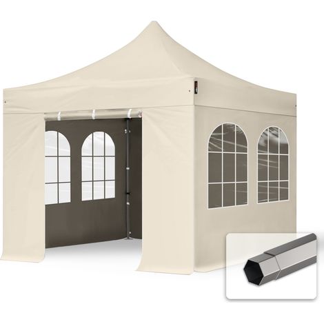 3x3 m Faltpavillon, PREMIUM Stahl 40mm, Seitenteile mit Sprossenfenstern, creme