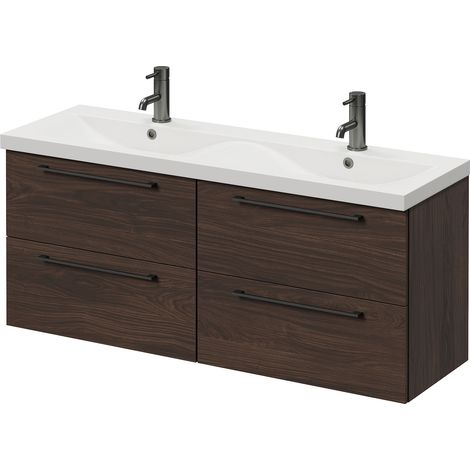 Napoli 390 Brown Oak 1200mm Wall Mounted 4 Drawer Vanity Unit with Double Glide Basins - 1200mm - Gunmetal Grey 320mm Handle