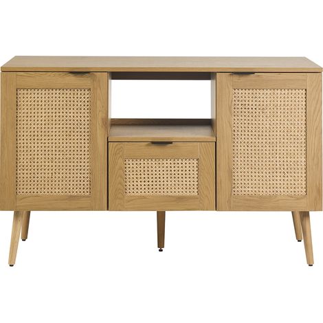 Meuble de salle de bain finition bois clair, cannage rotin et métal noir L120 cm MANILLE (1/5)