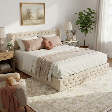 Lit coffre 160x200 cm beige en velours, tête de lit Chesterfield à oreilles avec clous décoratifs, rangement hydraulique, sommier à lattes inclus, sans matelas (1/5)