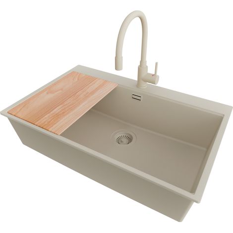 PRIMAGRAN Evier Cuisine en Granit 78x50cm,Lavabo 1 bac + Robinet 38x14cm + Kit de Vidage + Planche à Découper, Évier à Encastrer au meuble 80cm - Oslo, Beige (1/5)