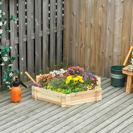 Jardinière surélevée hexagonale Outsunny, bac à fleurs en bois à monter soi-même pour jardin et balcon, finition naturelle, 100 x 92 x 16 cm (1/5)