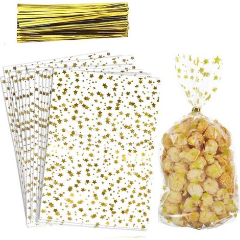 Sachets Cadeau Cellophane Doré Étoilé - 100 Unités avec Fermoirs Métalliques pour Biscuits, Bonbons et Petits Présents - (1/4)
