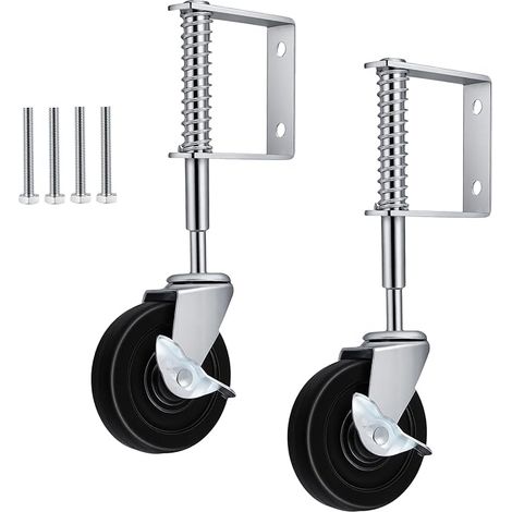 Lot de 2 roulettes de portail de 100 mm avec charge à ressort, rotatives à 360°, charge lourde, pour portails extérieurs, clôtures, portails en bois, portails de jardin, capacité de charge de (1/5)