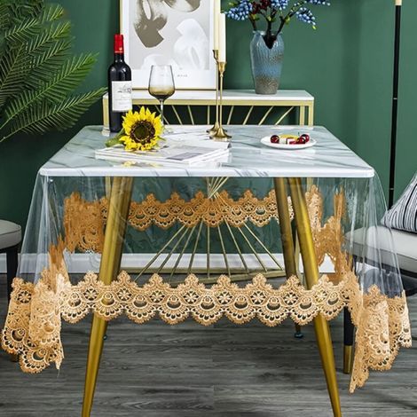 150x150 cm, brown rectangular tablecloth made of transparent, waterproof PVC vinyl, with embroidered lace edging. (1/5)