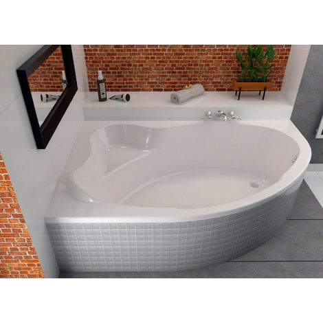 ECOLAM Baignoire d'angle Comfort acrylique blanc 150x100 cm gauche + revêtement polystyrène + bonde vidange et trop-plein automatique, pieds, silicone
