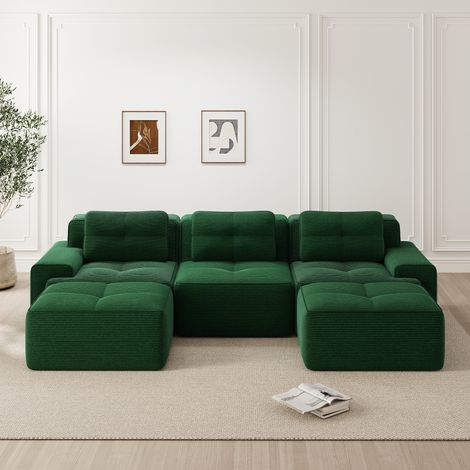 Canapé nuage U en velours côtelé vert, 3 places modulaire avec pouf, sans montage, pour salon (1/4)