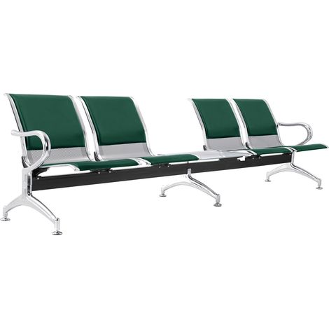 Panca per Sala Attesa 4 Posti da Ufficio con Cuscino e Tavolino in Acciaio e Similpelle Argento/Verde (1/5)