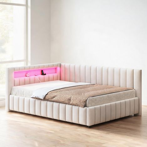 Cadre de lit beige en upholstered 209 x 147,5 x 82 cm (1/5)