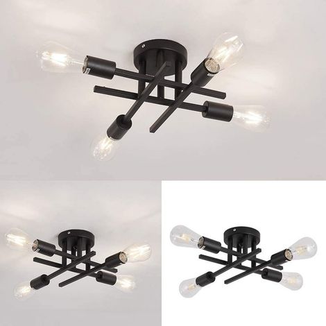 Plafonnier rétro noir à quatre têtes en fer forgé E27 pour couloir/entrée, style simple et moderne, convient pour une chambre secondaire/bureau, ampoules non incluses. (1/5)