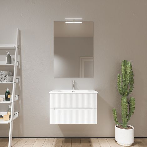 Mobile da Bagno Sospeso 90cm Cannettato Bianco Opaco con Lavabo Incluso in Ceramica e Specchio Mod. Kaindy (1/4)