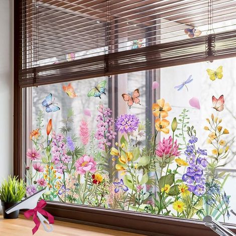 Colorful Floral Bouquet Window Sticker,Floral Pattern Window Sticker Removable Static Cling,Reusable Double Sided Window Clings,Flower Window Clings for Glass Windows,for Home Office Decor (1/5)