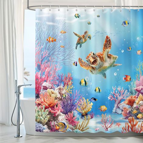 Rideau de Douche Tortue de Mer 180 x 180 cm, Océan Bleu Récif Corallien Poissons Tropicaux Rideaux de Baignoire Imperméable Anti-Moisissures Tissu avec 12 Crochets (1/5)