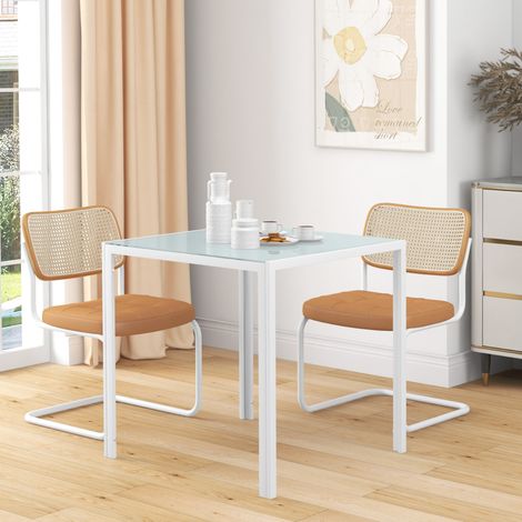 Mesa de comedor 75x75x75 cm blanca de vidrio y metal con diseño compacto para 4 personas (1/5)