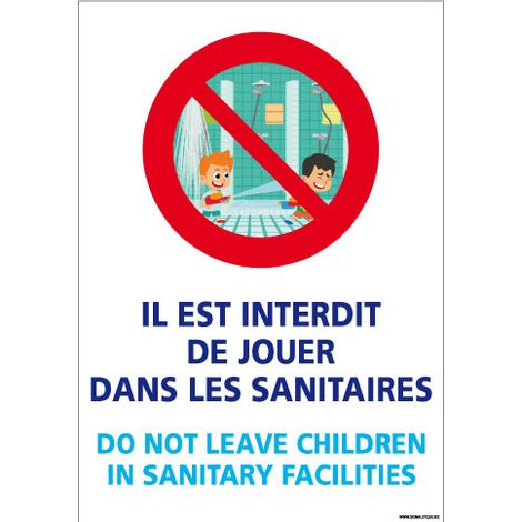 PANNEAU INTERDICTION DE JOUER DANS LES SANITAIRES (H0305) - Adhésif - 150 x 210 mm
