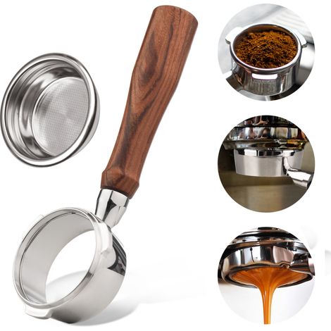 Portafiltro sin fondo de acero inoxidable de 58 mm con 3 asas y mango de madera, compatible con las cafeteras Barsetto BA101, BA102 y Calphalon Temp IQ. (1/5)