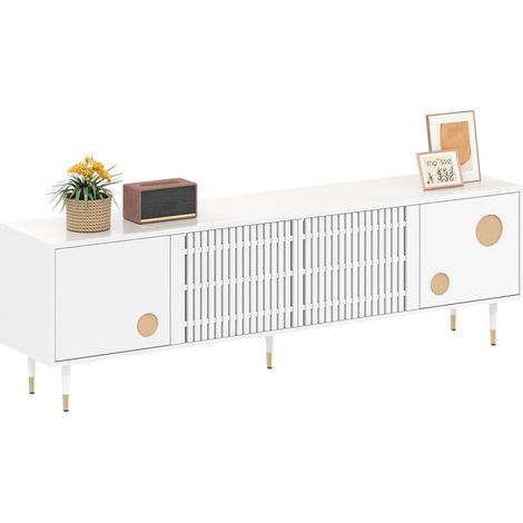 Meuble TV Avec Structure En Grille, Poignées Cachées,décor Doré,2 Portes En Bois Massif,pour Salon