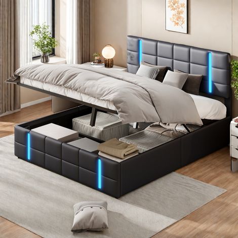 Cama tapizada 160x200cm, cama para adultos, con tira de luz LED y puerto USB, caja de almacenamiento, cama funcional, cama para adolescentes, PU, negro (1/5)