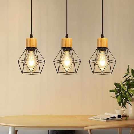 GBLY Pendelleuchte Mesa de Comedor Lámpara Suspension Vintage Retro 3 Llamas E27 Metal Jaula de Hierro Pantalla Negra Para Comedor Sala Sin Bombilla (1/5)