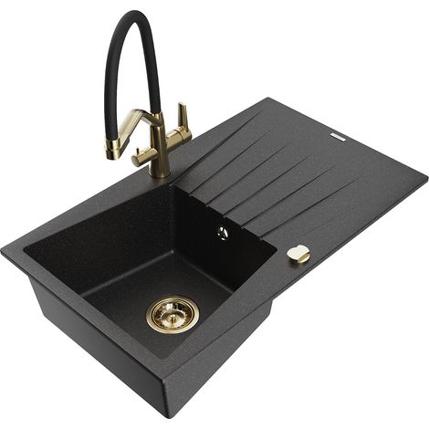 Mexen Cesar 1 Becken-Granitspüle mit Abtropffläche und Mischbatterie Duo, Schwarz/Silbermetallic - 6