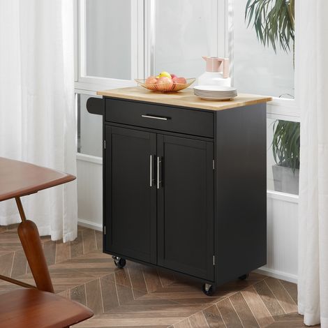 Küchenwagen auf Rollen, Servierwagen, Kücheninsel mit Schrankschublade und Handtuchhalter – 83 cm (B) x 45 cm (T) x 91,5 cm (H), schwarz