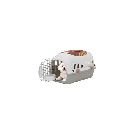Transportbox für Katzen und Hunde mit Stahltür und Futternapf, 49 x 32 x 31 cm, grau und cremefarben