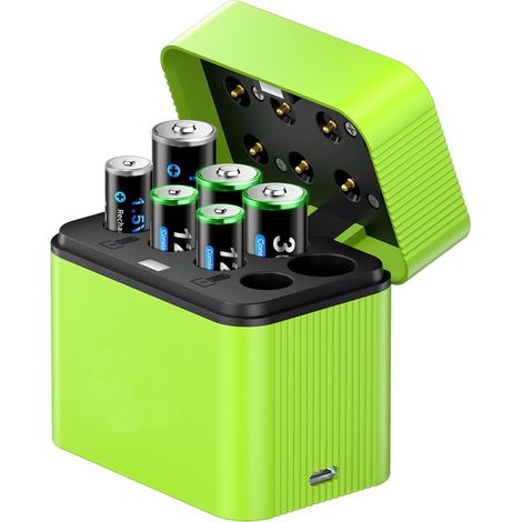 Chargeur de Batterie AA AAA 8 Baies, Boîte de Rangement de Charge Intelligente intégrée AA/AAA améliorée pour 1,5V Piles Rechargeables Lithium-ION AA AAA (1/5)
