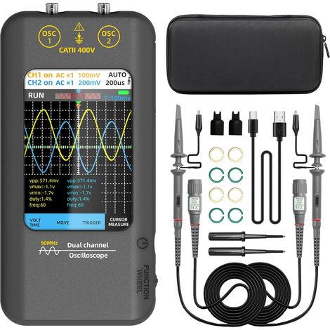 Oscilloscope Numérique Portable 2 Canaux 50MHz Oscilloscope Portable à Écran Tactile Angle de Vue Complet 3,98 Pouces Oscilloscope Générateur de Signal Rechargeable pour Automobile Électronique (1/5)