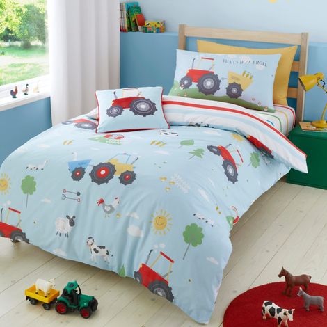 Housse de Couette Camion Fermier 200 x 200 cm 2 taies d'oreiller Motifs réversibles Housse de Couette Animaux de la Ferme et Tracteur de Construction literie Bleue pour Enfants (1/4)