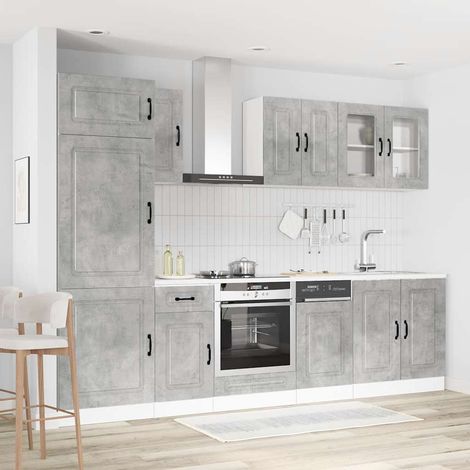 Ensemble de 8 meubles de cuisine gris béton en bois d’ingénierie et verre - PANGIVO (1/5)