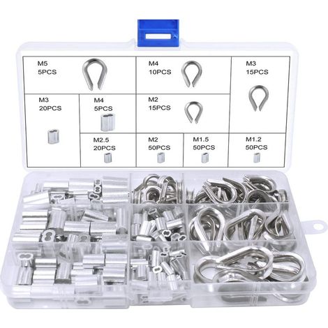 Kit di 240 manicotti per funi metalliche, manicotti in alluminio, capicorda in acciaio inox M1.2 M1.5 M2 M2.5 M3 M4 M5, manicotti in alluminio, clip (1/5)