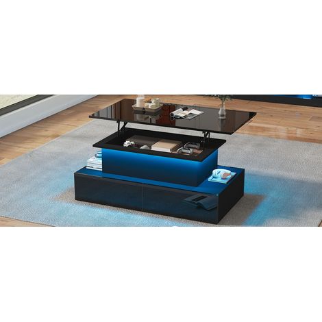 Table basse noire brillante 80 x 55 x 41 cm avec éclairage LED USB contrôlé par application et 4 tiroirs, pour salon et bureau (1/5)