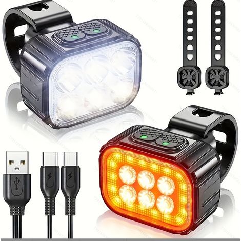 Lumiere Velo avec Spot et Faisceau d'Inondation, Rechargeable par USB Lampe Vélo LED Étanche IP65, 2 x 4 + 2 x 6 Modes de Luminosité Eclairage Velo Avant et Arrière pour Cyclysme VTT